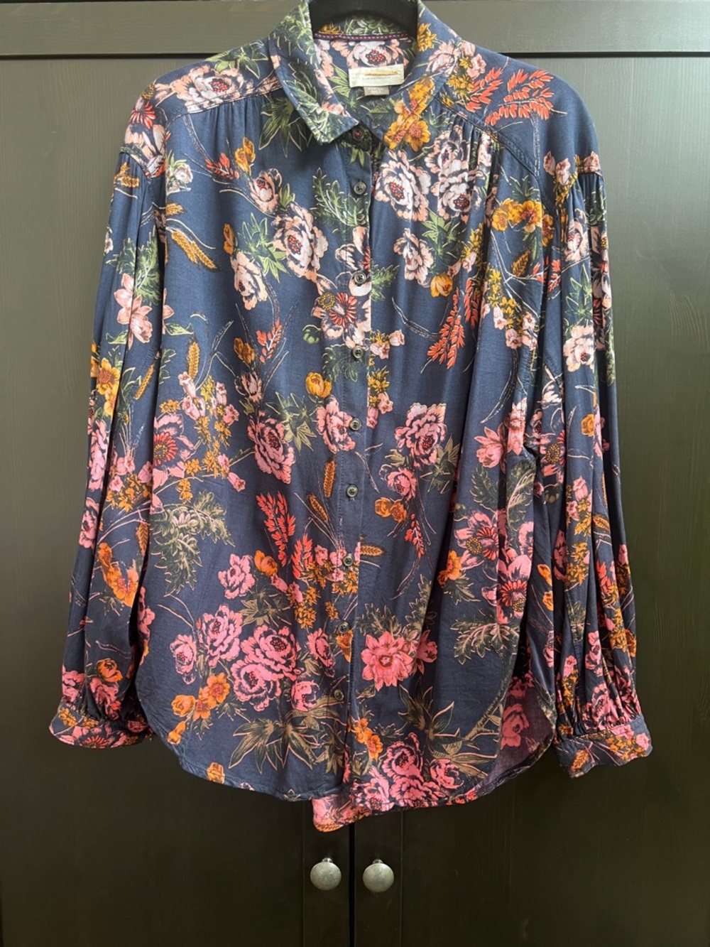 Anthropologie Navy Floral Button-Up with Pink & Green Accents Size Medium
